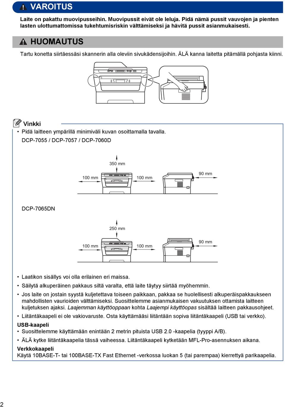 DCP-7055 / DCP-7057 / DCP-7060D 350 mm 100 mm 100 mm 90 mm DCP-7065DN 250 mm 100 mm 100 mm 90 mm Ltikon sisällys voi oll erilinen eri miss.
