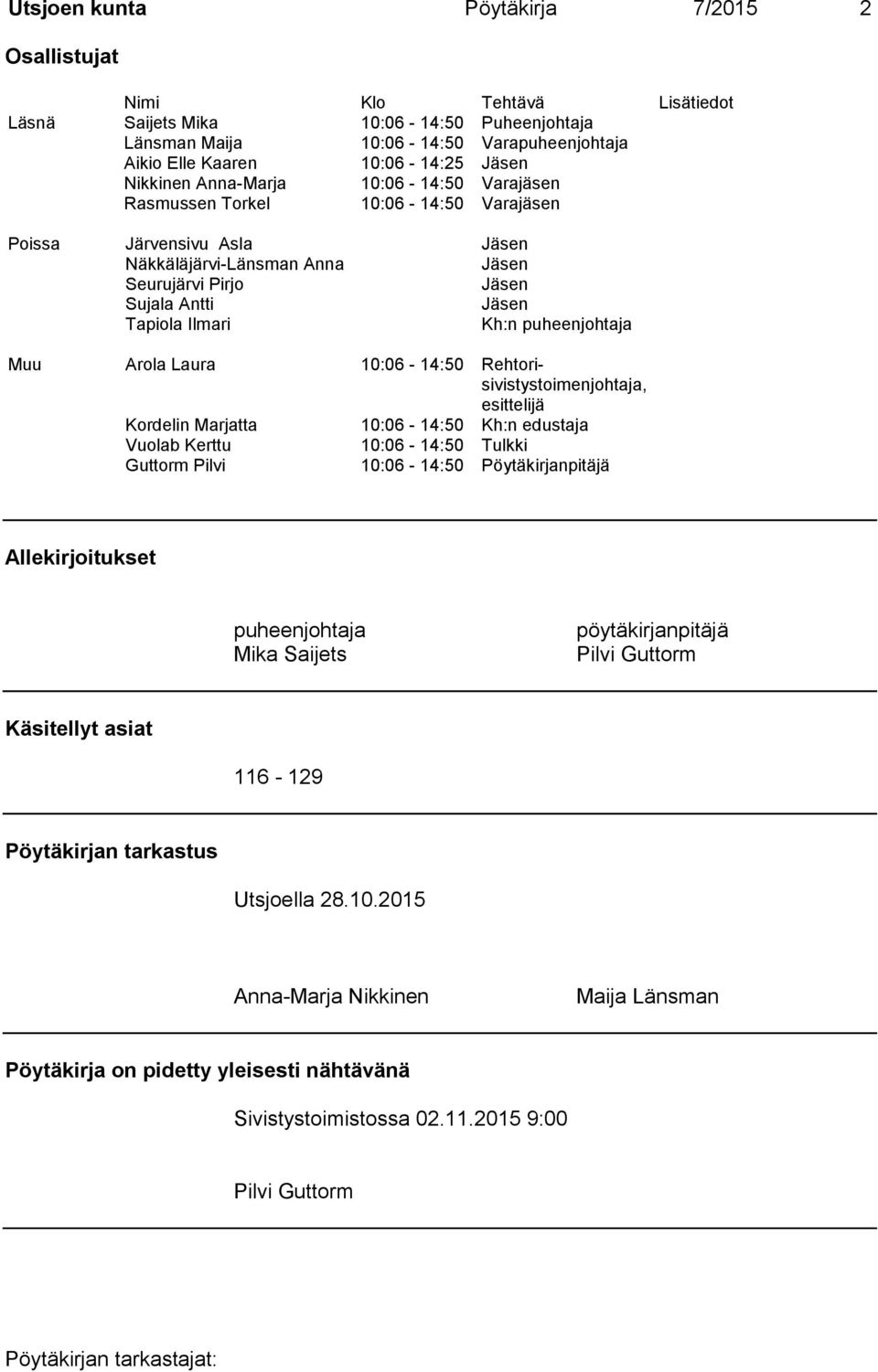 Kh:n puheenjohtaja Muu Arola Laura 10:06-14:50 Rehtorisivistystoimenjohtaja, esittelijä Kordelin Marjatta 10:06-14:50 Kh:n edustaja Vuolab Kerttu 10:06-14:50 Tulkki Guttorm Pilvi 10:06-14:50