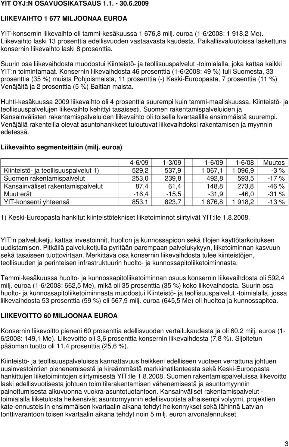 Suurin osa liikevaihdosta muodostui Kiinteistö- ja teollisuuspalvelut -toimialalla, joka kattaa kaikki YIT:n toimintamaat.