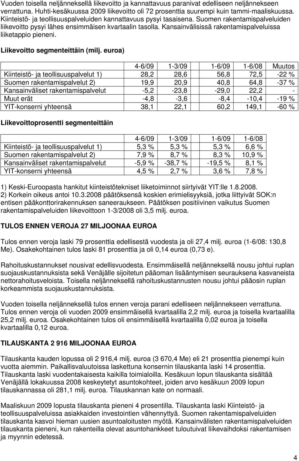 Kansainvälisissä rakentamispalveluissa liiketappio pieneni. Liikevoitto segmenteittäin (milj.