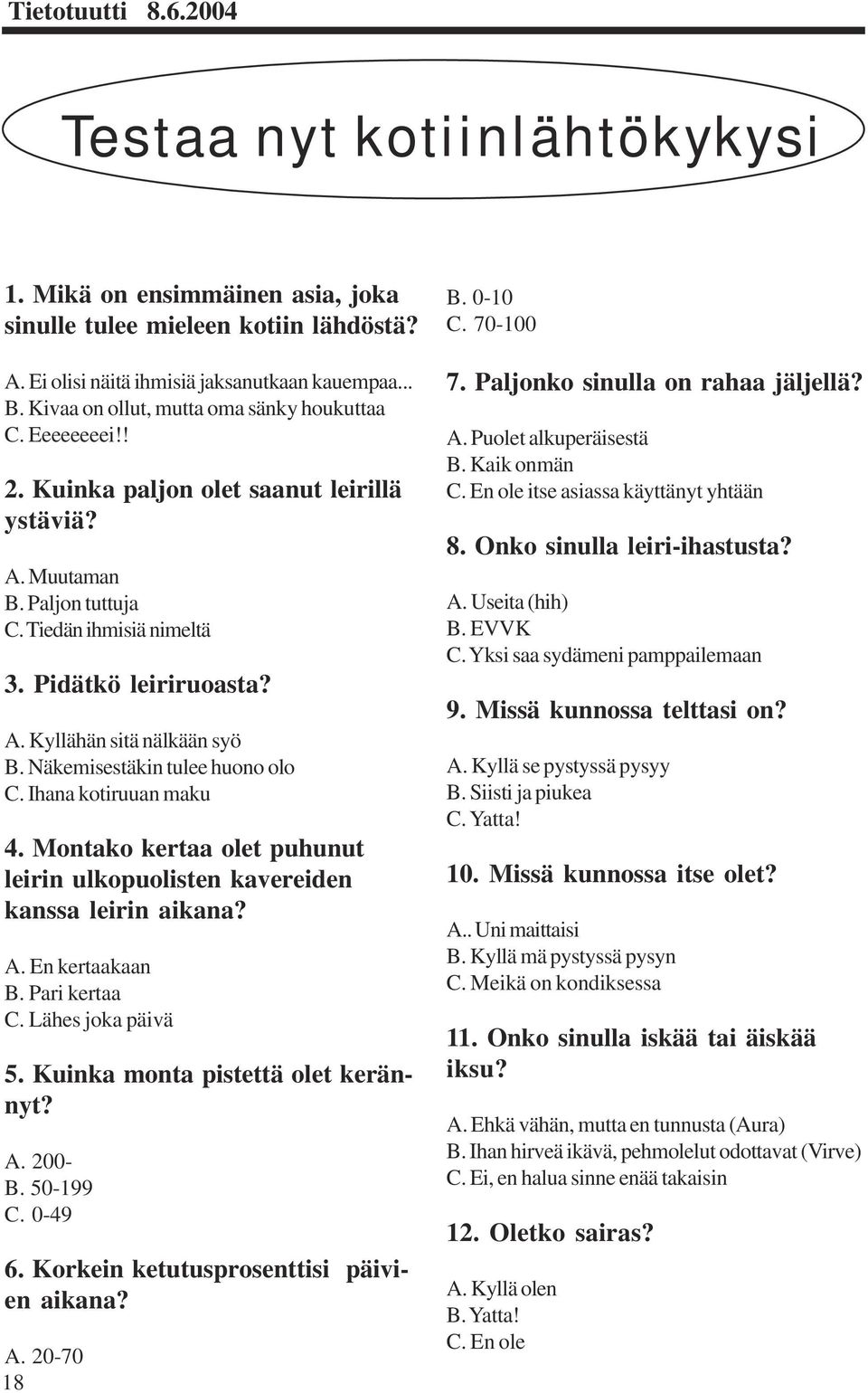 Näkemisestäkin tulee huono olo C. Ihana kotiruuan maku 4. Montako kertaa olet puhunut leirin ulkopuolisten kavereiden kanssa leirin aikana? A. En kertaakaan B. Pari kertaa C. Lähes joka päivä 5.