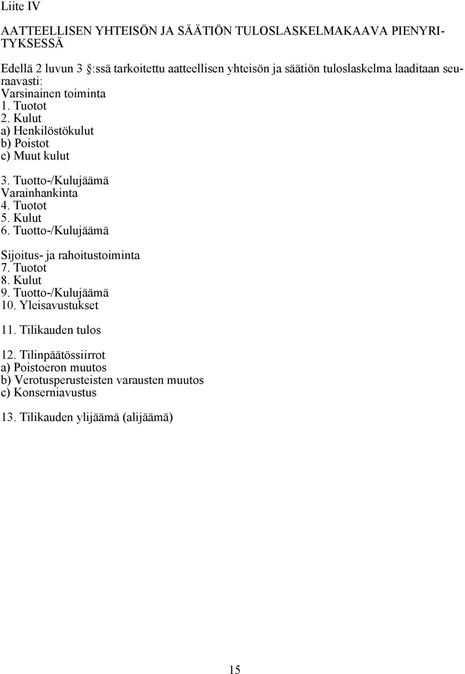 Tuotto-/Kulujäämä Varainhankinta 4. Tuotot 5. Kulut 6. Tuotto-/Kulujäämä Sijoitus- ja rahoitustoiminta 7. Tuotot 8. Kulut 9. Tuotto-/Kulujäämä 10.