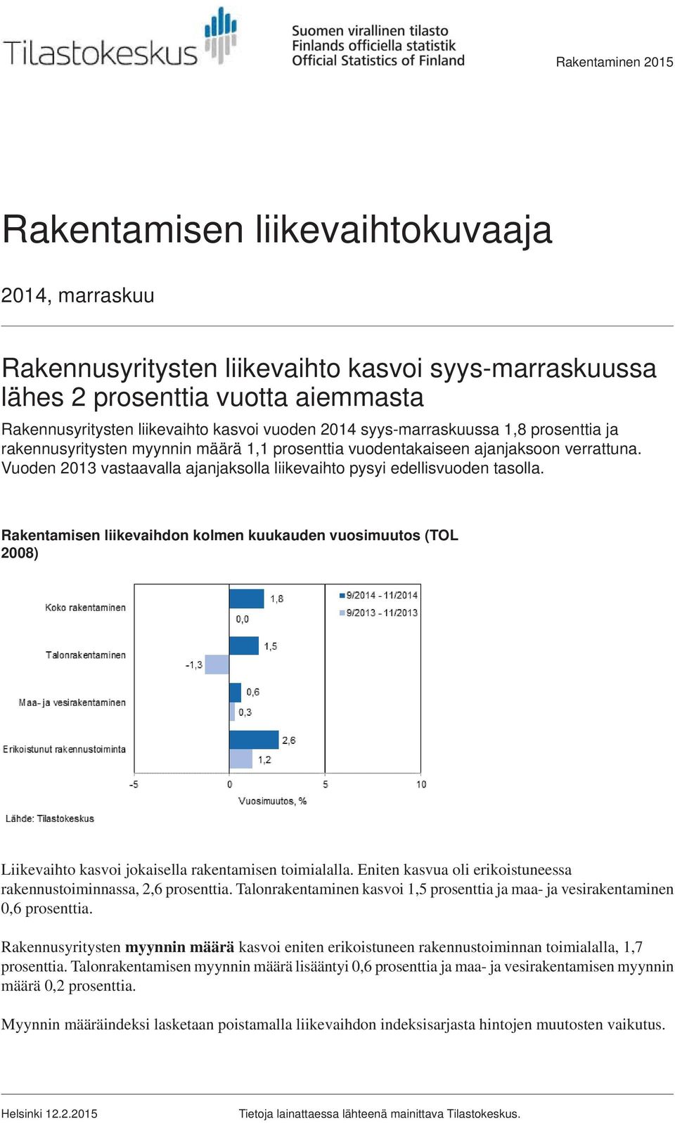 Vuoden 2013 vastaavalla ajanjaksolla liikevaihto pysyi edellisvuoden tasolla. Rakentamisen liikevaihdon kolmen kuukauden vuosimuutos (TOL 2008) Liikevaihto kasvoi jokaisella rakentamisen toimialalla.