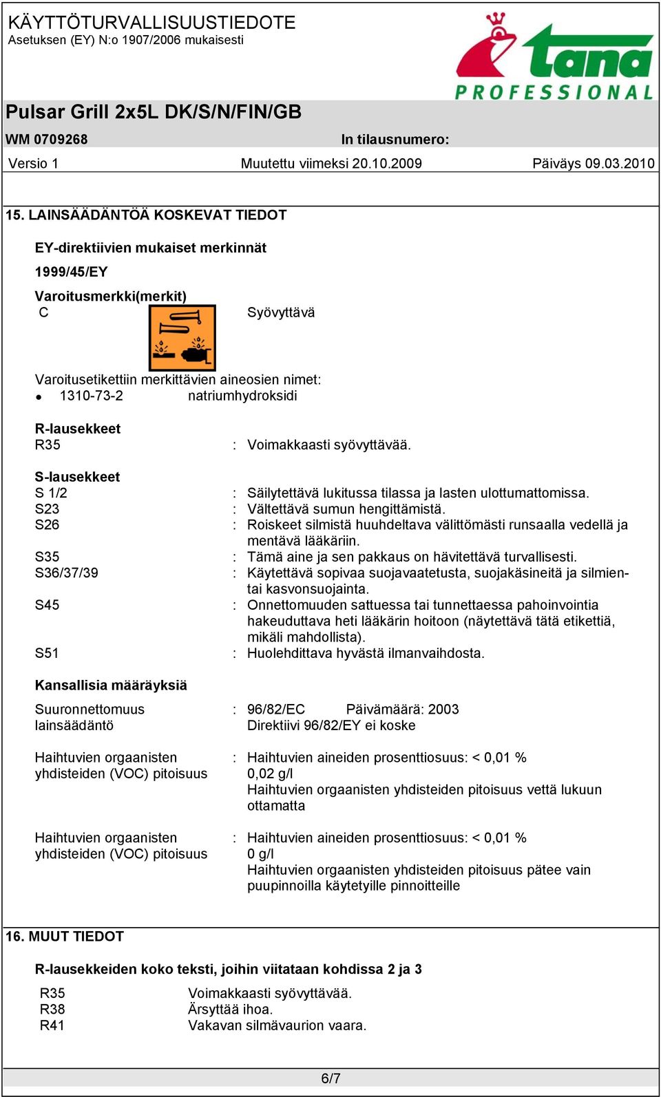 yhdisteiden (VOC) pitoisuus : Voimakkaasti syövyttävää. : Säilytettävä lukitussa tilassa ja lasten ulottumattomissa. : Vältettävä sumun hengittämistä.