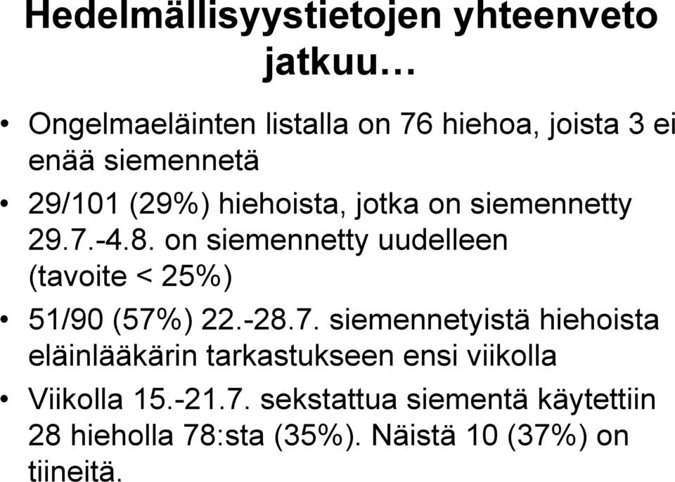 on siemennetty uudelleen (tavoite < 25%) 51/90 (57%