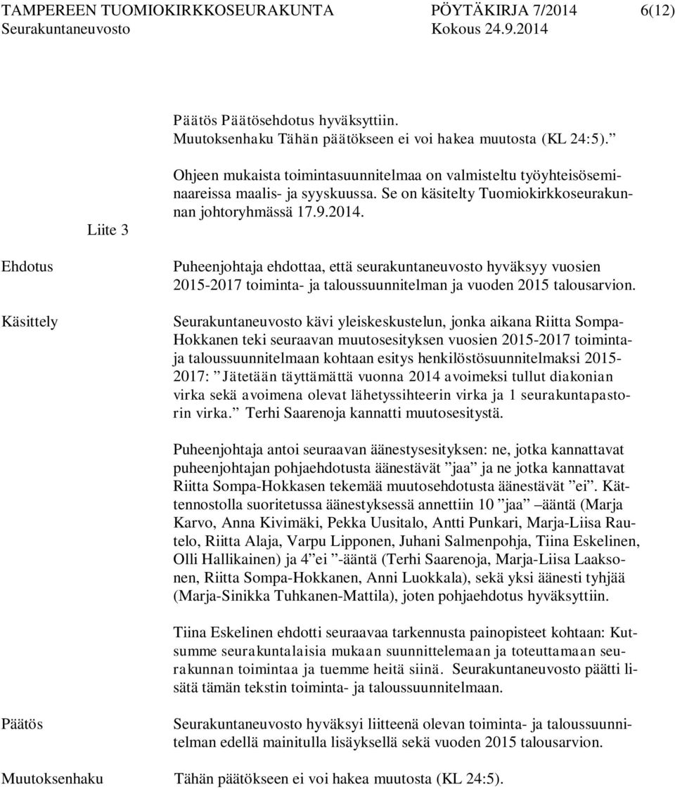 Ehdotus Käsittely Puheenjohtaja ehdottaa, että seurakuntaneuvosto hyväksyy vuosien 2015-2017 toiminta- ja taloussuunnitelman ja vuoden 2015 talousarvion.