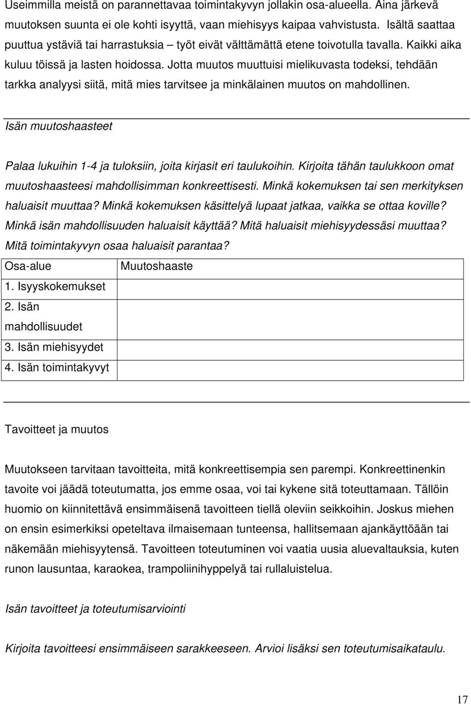 Jotta muutos muuttuisi mielikuvasta todeksi, tehdään tarkka analyysi siitä, mitä mies tarvitsee ja minkälainen muutos on mahdollinen.