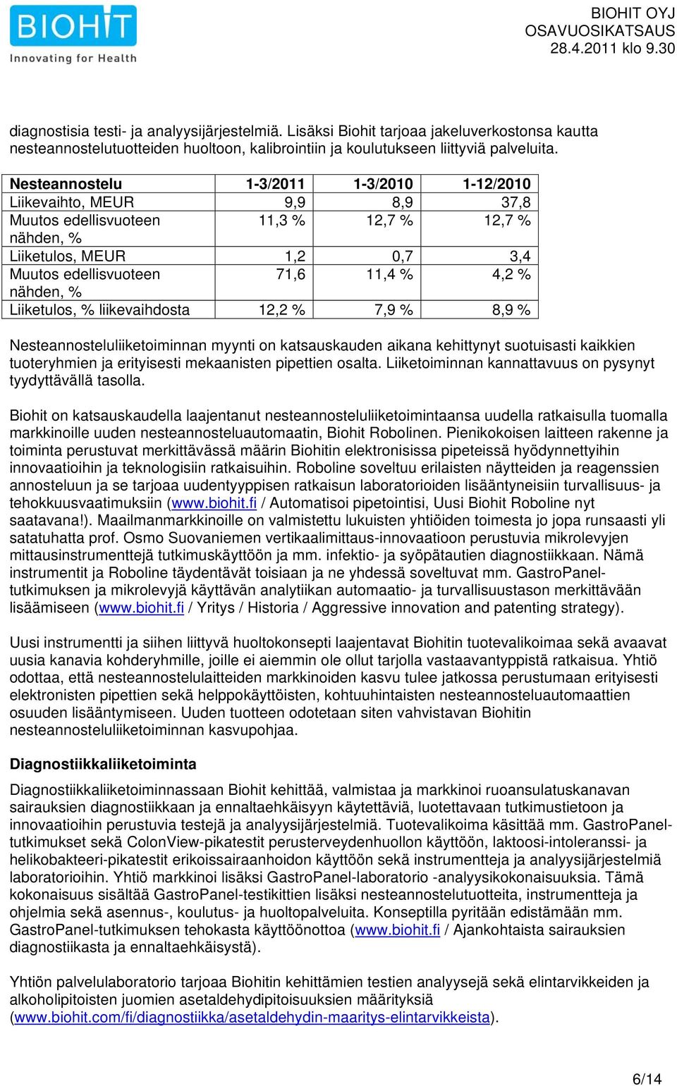 Liiketulos, % liikevaihdosta 12,2 % 7,9 % 8,9 % Nesteannosteluliiketoiminnan myynti on katsauskauden aikana kehittynyt suotuisasti kaikkien tuoteryhmien ja erityisesti mekaanisten pipettien osalta.