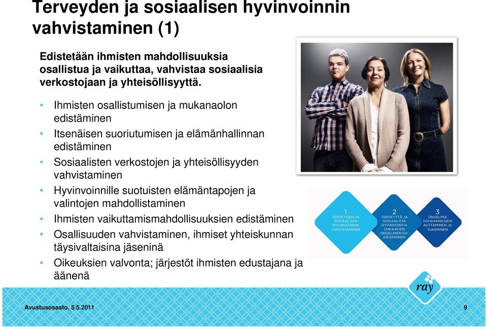 Ihmisten osallistumisen ja mukanaolon edistäminen Itsenäisen suoriutumisen ja elämänhallinnan edistäminen Sosiaalisten verkostojen ja yhteisöllisyyden