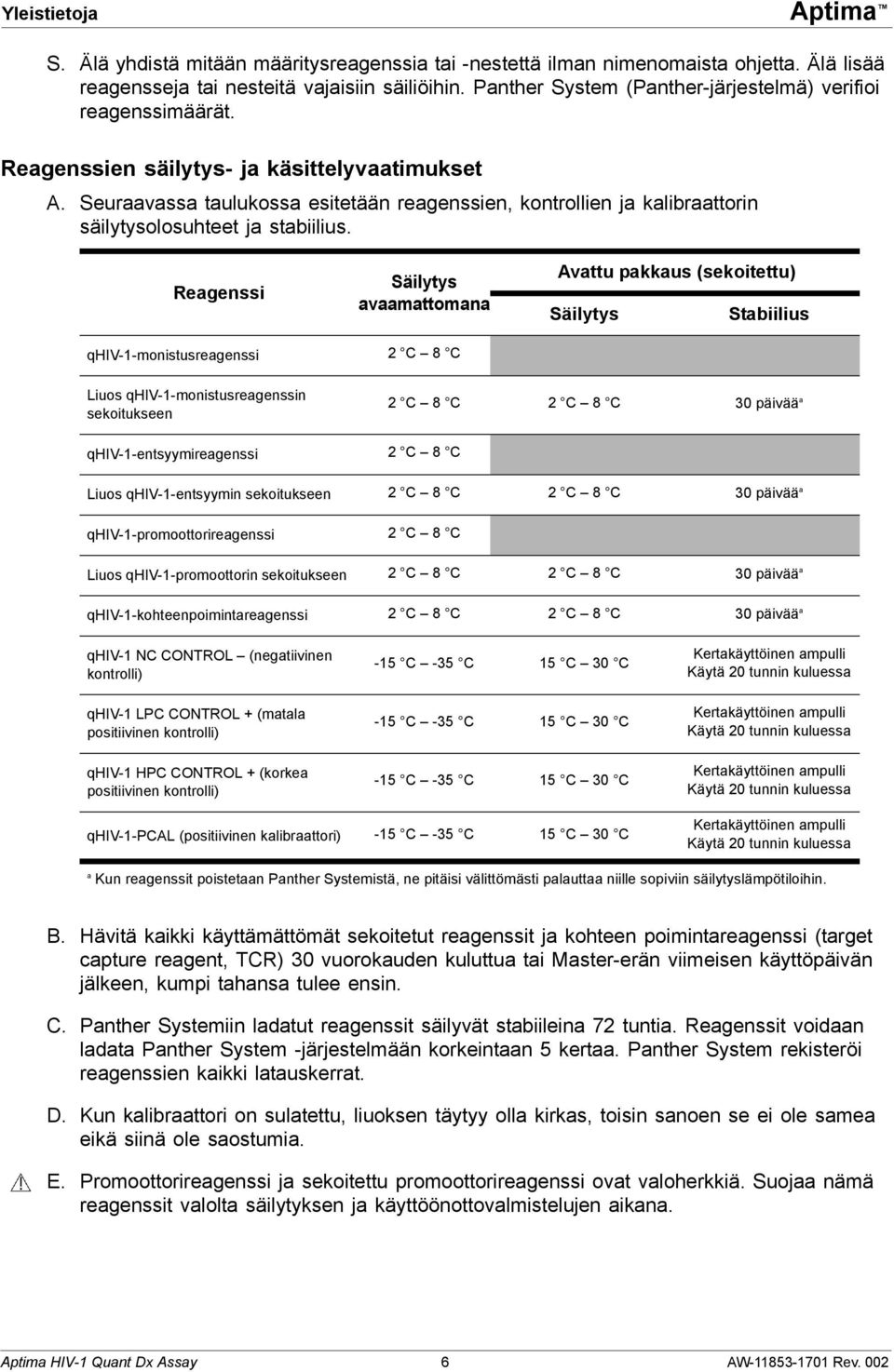 Seuraavassa taulukossa esitetään reagenssien, kontrollien ja kalibraattorin säilytysolosuhteet ja stabiilius.