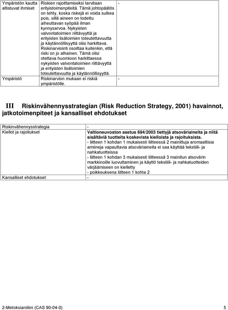 - - III Riskinvähennysstrategian (Risk Reduction Strategy, 2001) havainnot, jatkotoimenpiteet ja kansalliset ehdotukset Riskinvähennysstrategia - Kiellot ja rajoitukset Valtioneuvoston asetus