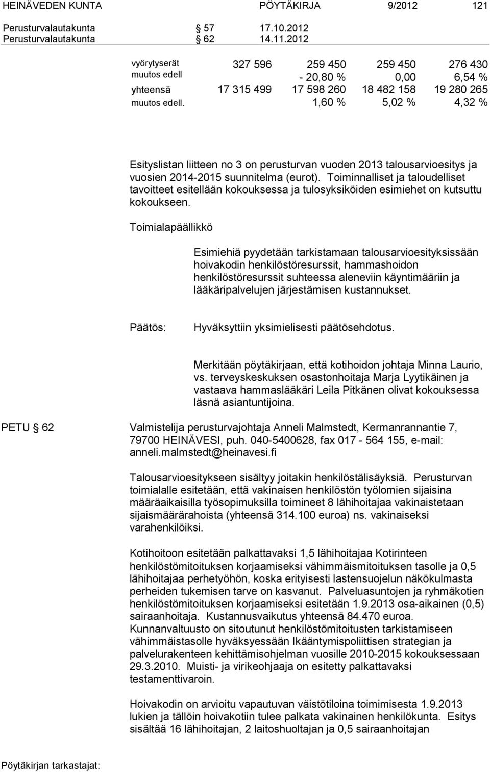 1,60 % 5,02 % 4,32 % Esityslistan liitteen no 3 on perusturvan vuoden 2013 talousarvioesitys ja vuosien 2014-2015 suunnitelma (eurot).