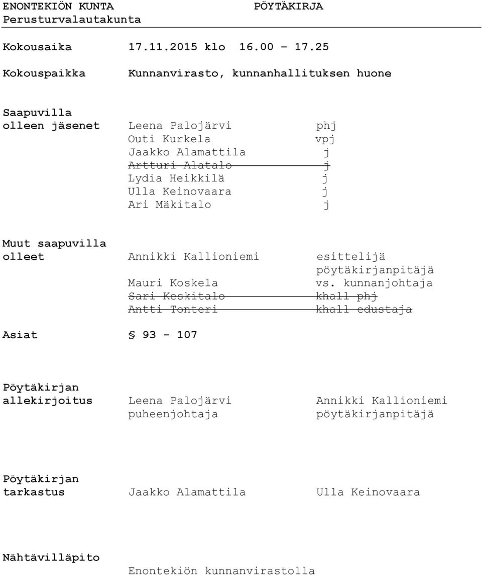 Lydia Heikkilä j Ulla Keinovaara j Ari Mäkitalo j Muut saapuvilla olleet Annikki Kallioniemi esittelijä pöytäkirjanpitäjä Mauri Koskela vs.