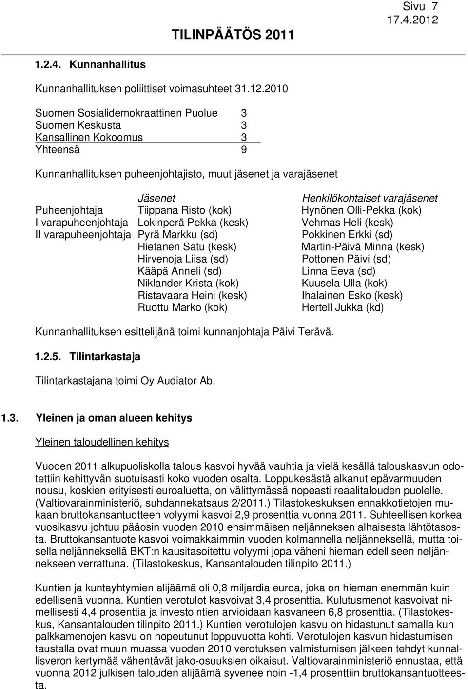 Puheenjohtaja Tiippana Risto (kok) Hynönen Olli-Pekka (kok) I varapuheenjohtaja Lokinperä Pekka (kesk) Vehmas Heli (kesk) II varapuheenjohtaja Pyrä Markku (sd) Pokkinen Erkki (sd) Hietanen Satu