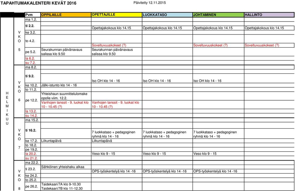 . Yhteishaun suunnittelulomake opolle viim... pe.. anhojen tanssit - 9. luokat klo 0-0.45 (?) la 3.. su 4.. ma 5.. Iso H klo 4-6 Iso H klo 4-6 Iso H klo 4-6 anhojen tanssit - 9. luokat klo 0-0.45 (?) 7 8 ti 6.