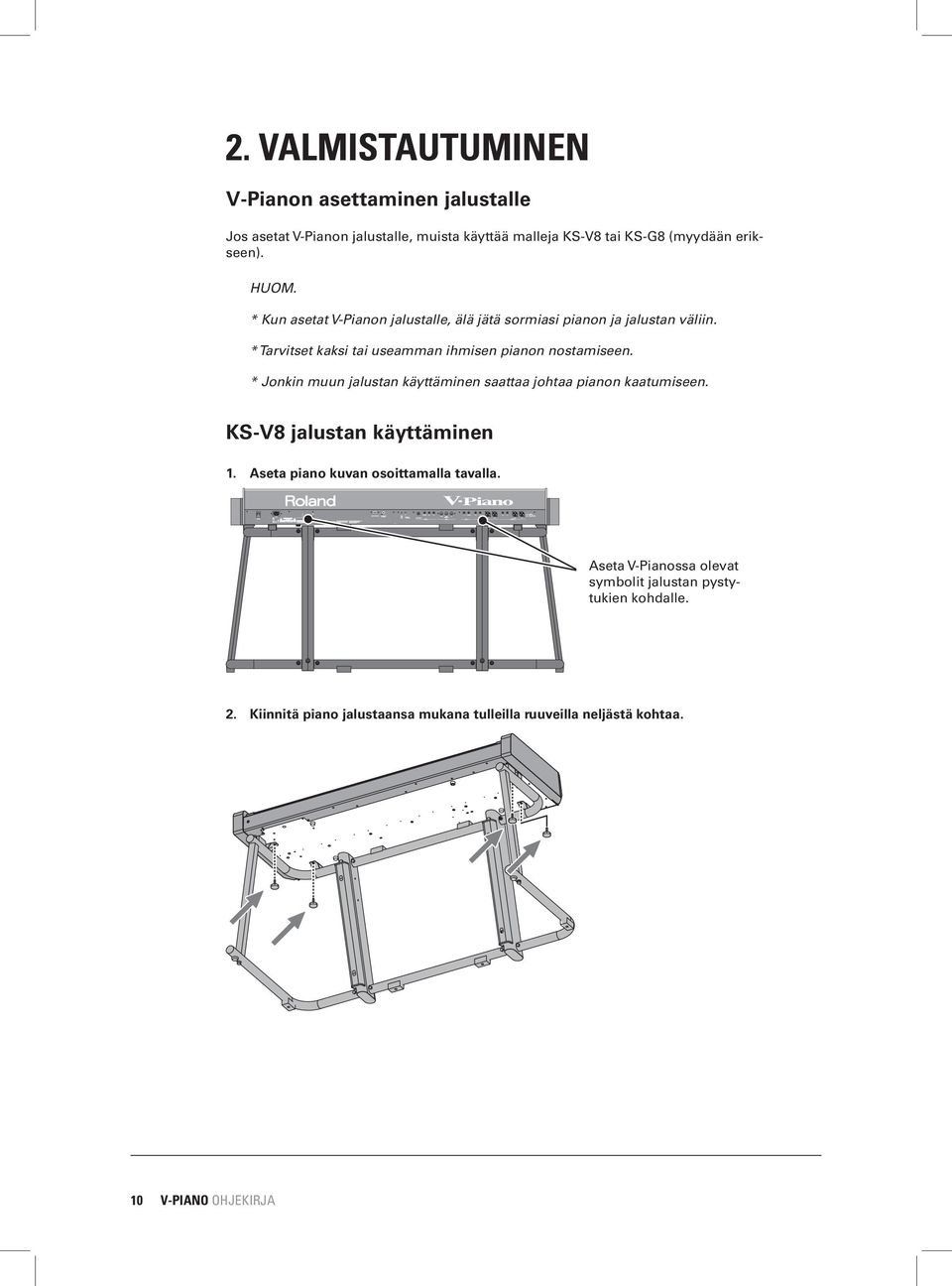 * Jonkin muun jalustan käyttäminen saattaa johtaa pianon kaatumiseen. KS-V8 jalustan käyttäminen 1. Aseta piano kuvan osoittamalla tavalla.