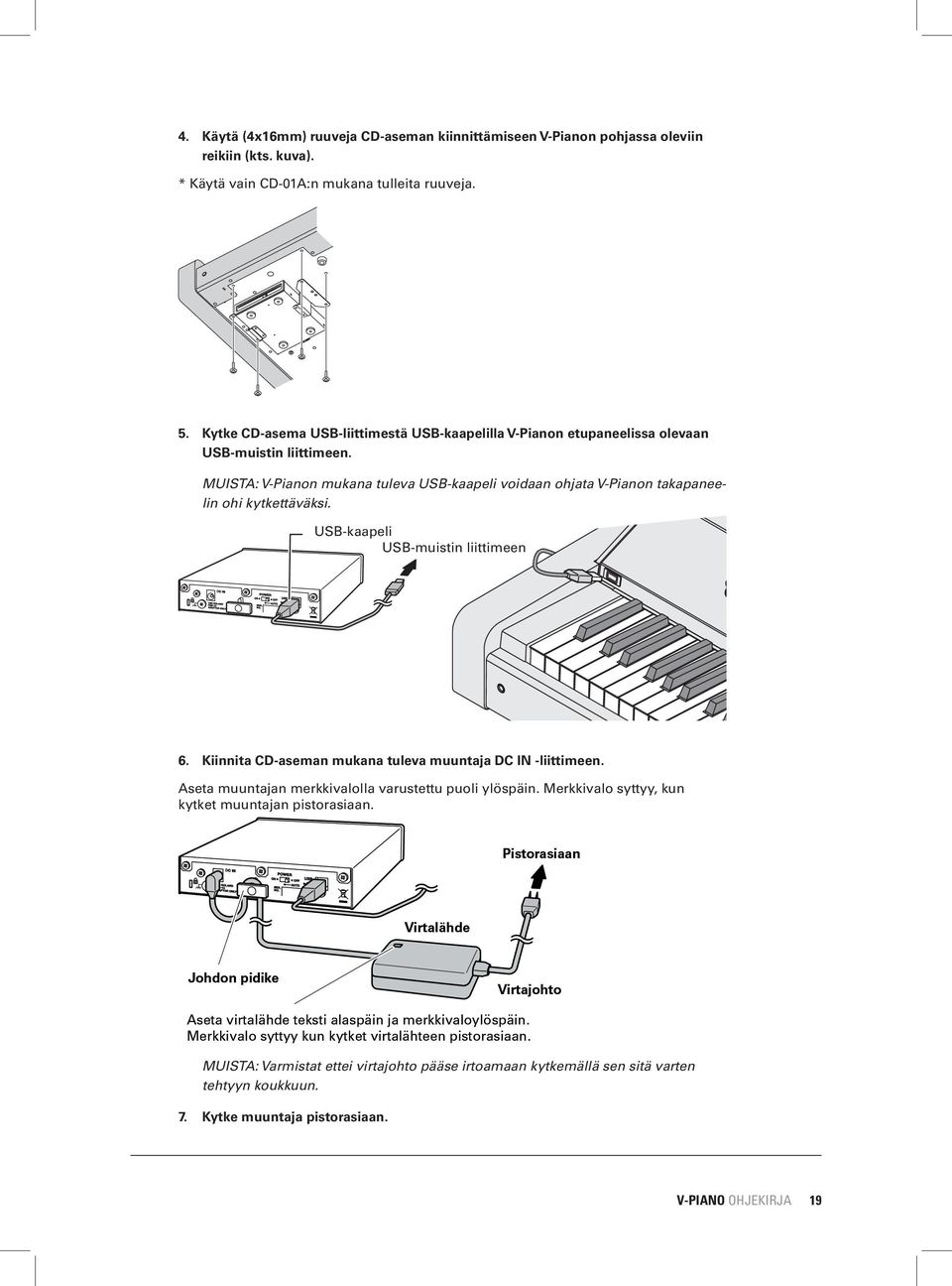 MUISTA: V-Pianon mukana tuleva USB-kaapeli voidaan ohjata V-Pianon takapaneelin ohi kytkettäväksi. USB USB-kaapeli Cable To USB memory USB-muistin connector liittimeen 6.