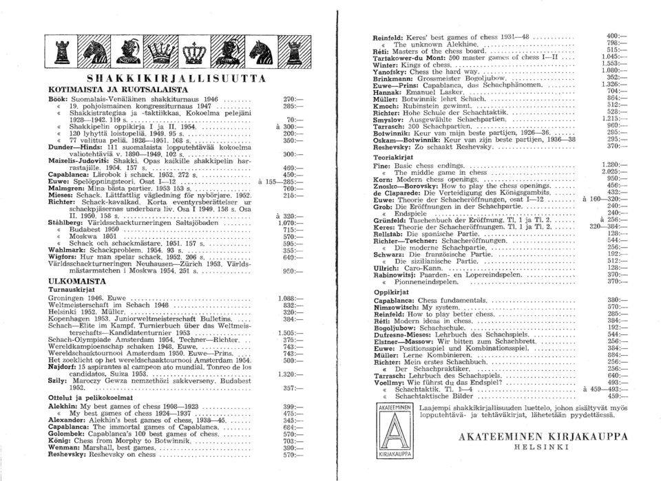 ..... Dunder-Hinds: UI sumala,ilsta; lpputehtäjvätä kkelma valitehtäviä v. 890~94,9. 02 s.... Maizelis-Judvits: Shakki. Opas k'aliikme shalkk~pe~in, harmstajihe. 9M. 57 s.