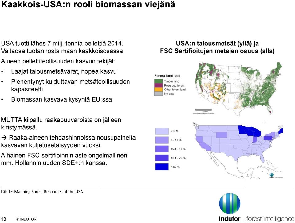 kysyntä EU:ssa USA:n talousmetsät (yllä) ja FSC Sertifioitujen metsien osuus (alla) MUTTA kilpailu raakapuuvaroista on jälleen kiristymässä.