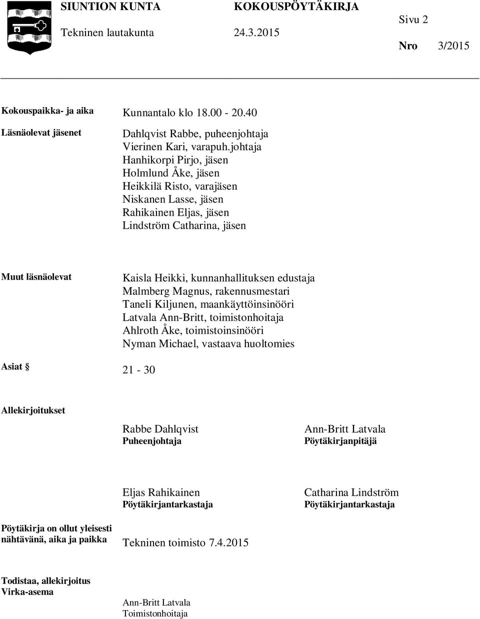 kunnanhallituksen edustaja Malmberg Magnus, rakennusmestari Taneli Kiljunen, maankäyttöinsinööri Latvala Ann-Britt, toimistonhoitaja Ahlroth Åke, toimistoinsinööri Nyman Michael, vastaava huoltomies