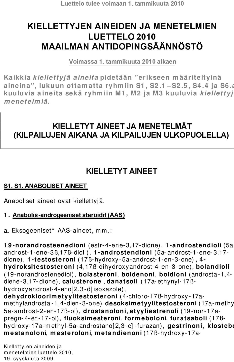 a kuuluvia aineita sekä ryhmiin M1, M2 ja M3 kuuluvia kiellettyjä menetelmiä. KIELLETYT AINEET JA MENETELMÄT (KILPAILUJEN AIKANA JA KILPAILUJEN ULKOPUOLELLA) S1.