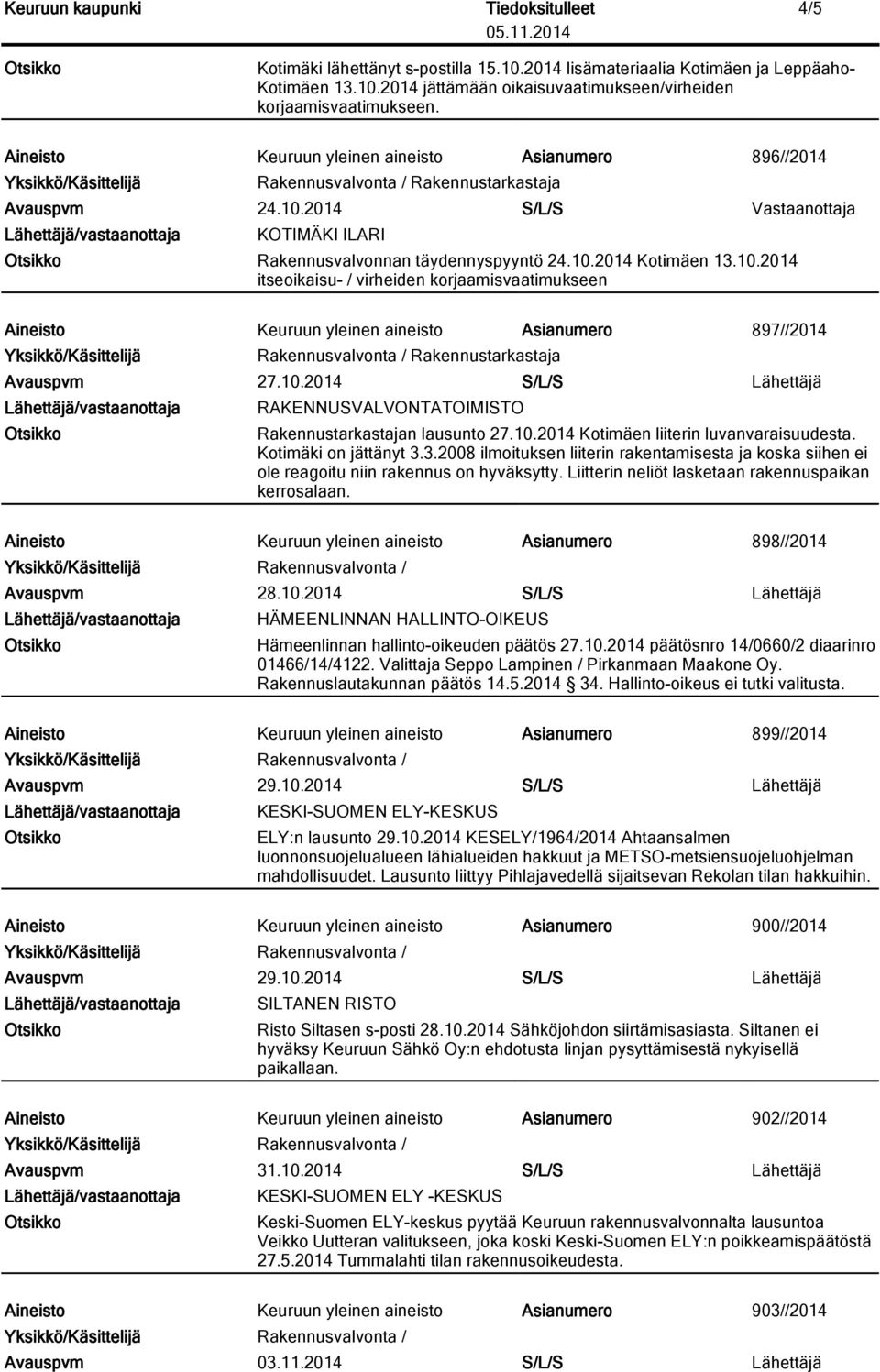 10.2014 S/L/S Lähettäjä RAKENNUSVALVONTATOIMISTO Rakennustarkastajan lausunto 27.10.2014 Kotimäen liiterin luvanvaraisuudesta. Kotimäki on jättänyt 3.