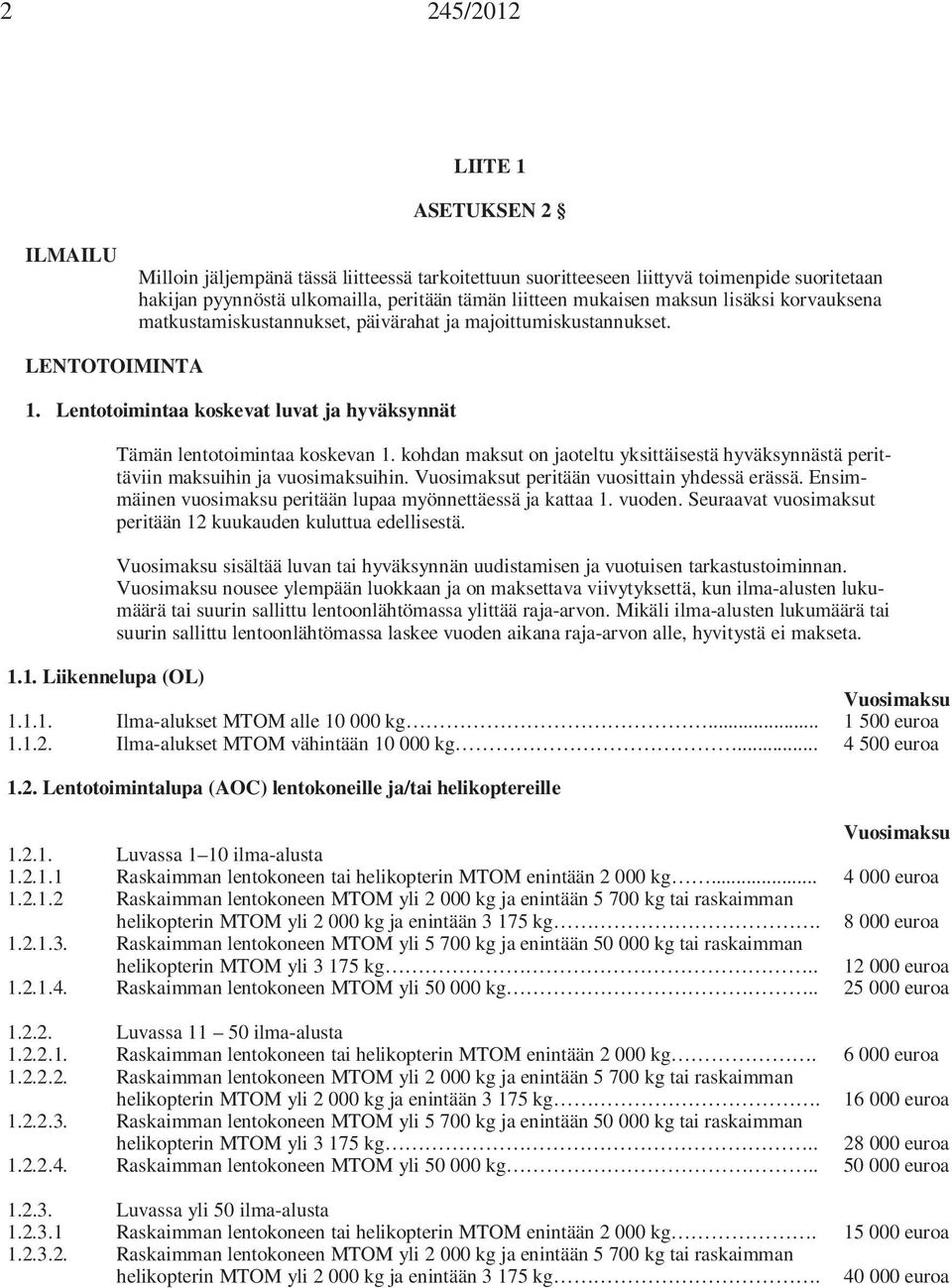 kohdan maksut on jaoteltu yksittäisestä hyväksynnästä perittäviin maksuihin ja vuosimaksuihin. t peritään vuosittain yhdessä erässä. Ensimmäinen vuosimaksu peritään lupaa myönnettäessä ja kattaa 1.