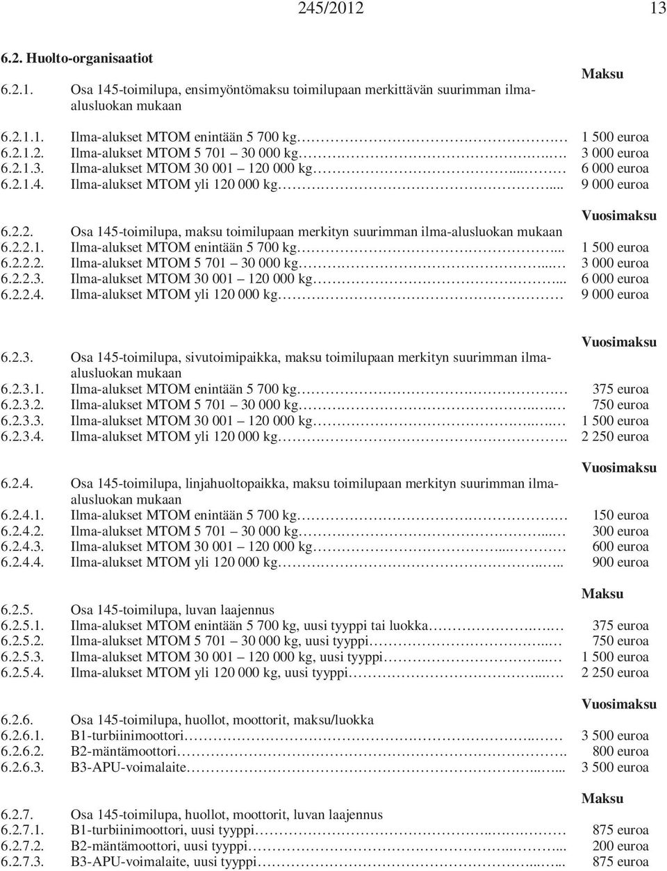 2.2.1. Ilma-alukset MTOM enintään 5 700 kg... 6.2.2.2. Ilma-alukset MTOM 5 701 30 000 kg... 6.2.2.3. Ilma-alukset MTOM 30 001 120 000 kg... 6.2.2.4.