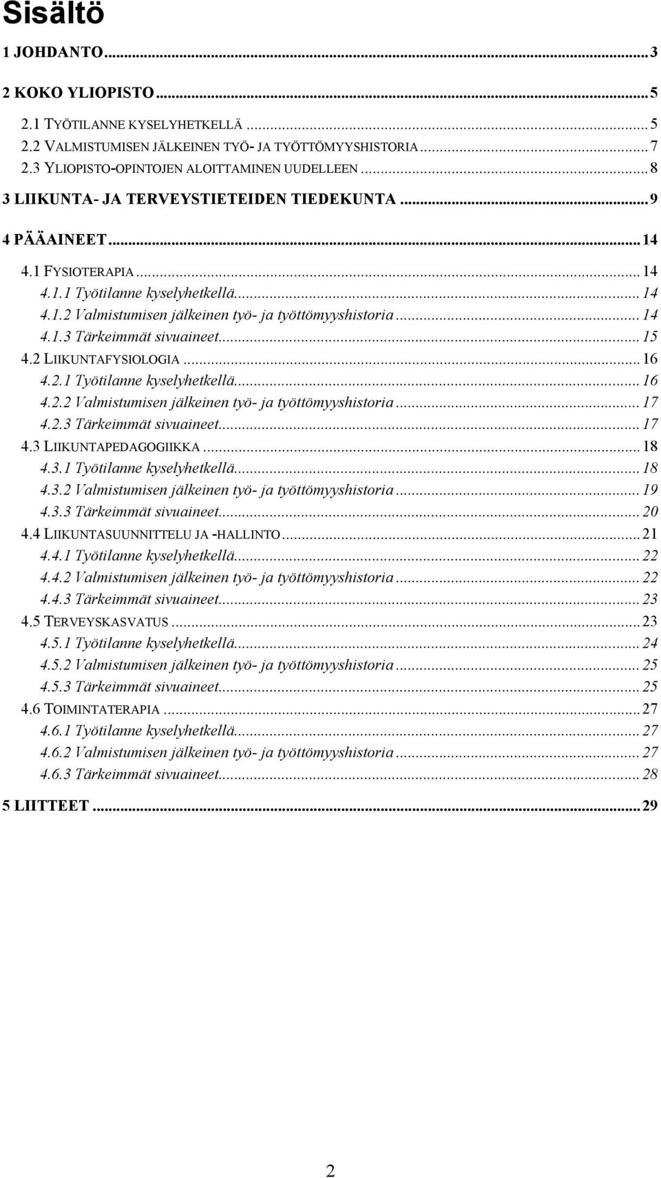 ..15 4.2 LIIKUNTAFYSIOLOGIA...16 4.2.1 Työtilanne kyselyhetkellä...16 4.2.2 Valmistumisen jälkeinen työ- ja työttömyyshistoria...17 4.2.3 Tärkeimmät sivuaineet...17 4.3 LIIKUNTAPEDAGOGIIKKA...18 4.3.1 Työtilanne kyselyhetkellä...18 4.3.2 Valmistumisen jälkeinen työ- ja työttömyyshistoria...19 4.