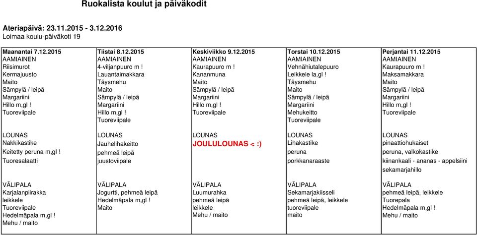 Margariini Hillo m,gl! Margariini Hillo m,gl! Hillo m,gl! Mehukeitto Nakkikastike Jauhelihakeitto JOULULOUNAS < :) Lihakastike pinaattiohukaiset Keitetty peruna m,gl!