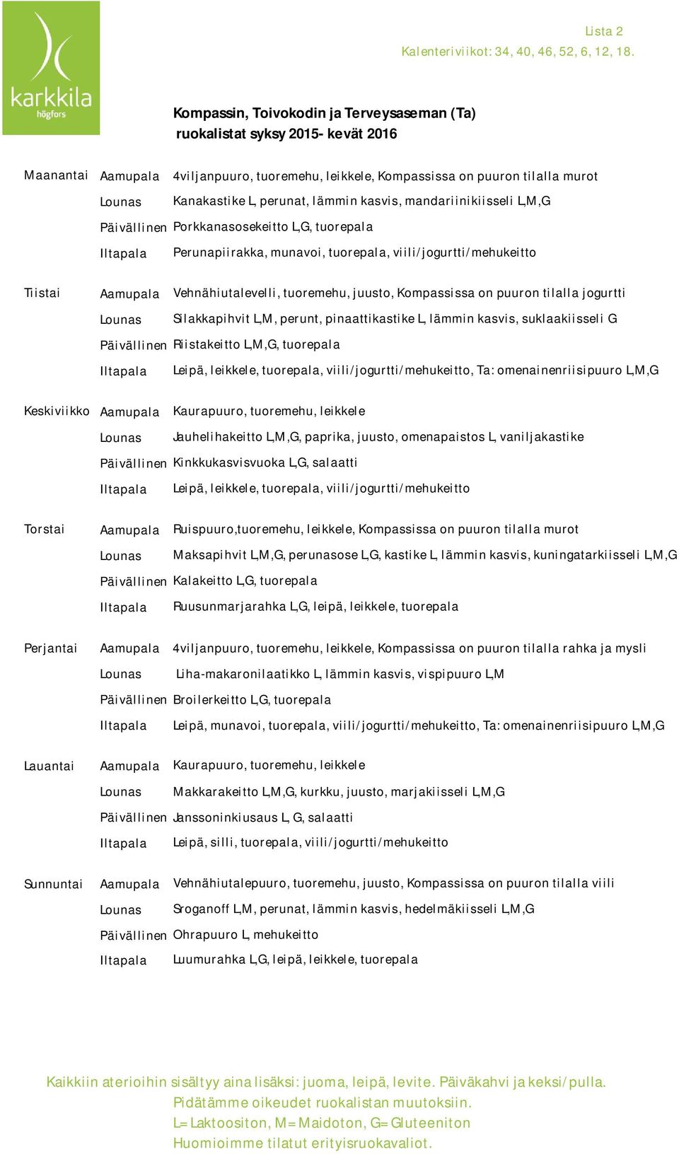 pinaattikastike L, lämmin kasvis, suklaakiisseli G Päivällinen Riistakeitto L,M,G, tuorepala Leipä, leikkele, tuorepala, viili/jogurtti/mehukeitto, Ta: omenainenriisipuuro L,M,G Jauhelihakeitto