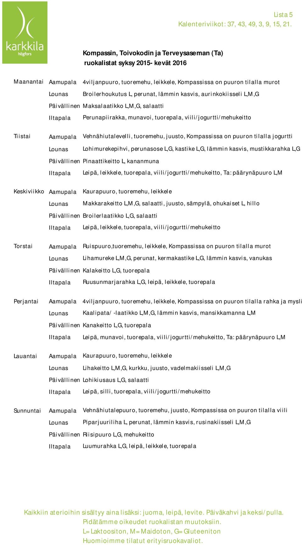 L,G, kastike L,G, lämmin kasvis, mustikkarahka L,G Päivällinen Pinaattikeitto L, kananmuna Leipä, leikkele, tuorepala, viili/jogurtti/mehukeitto, Ta: päärynäpuuro L,M Makkarakeitto L,M,G, salaatti,