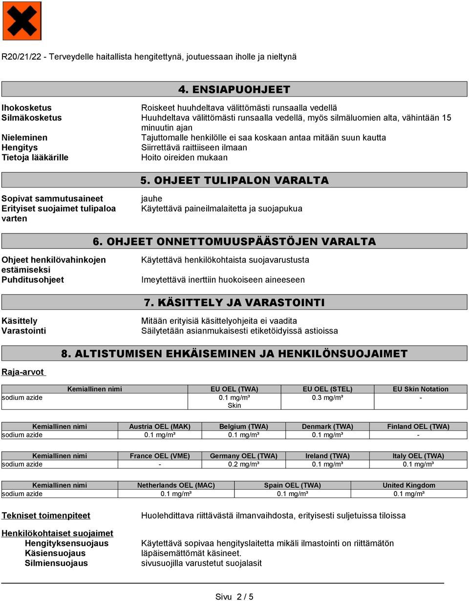 Tajuttomalle henkilölle ei saa koskaan antaa mitään suun kautta Hengitys Siirrettävä raittiiseen ilmaan Tietoja lääkärille Hoito oireiden mukaan 5.