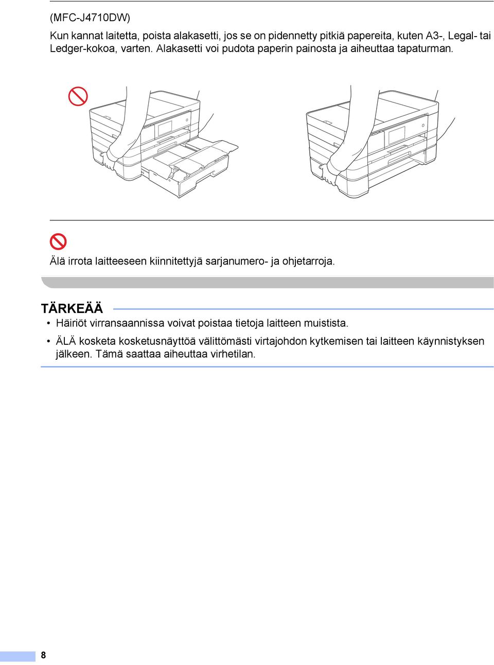 Älä irrota laitteeseen kiinnitettyjä sarjanumero- ja ohjetarroja.