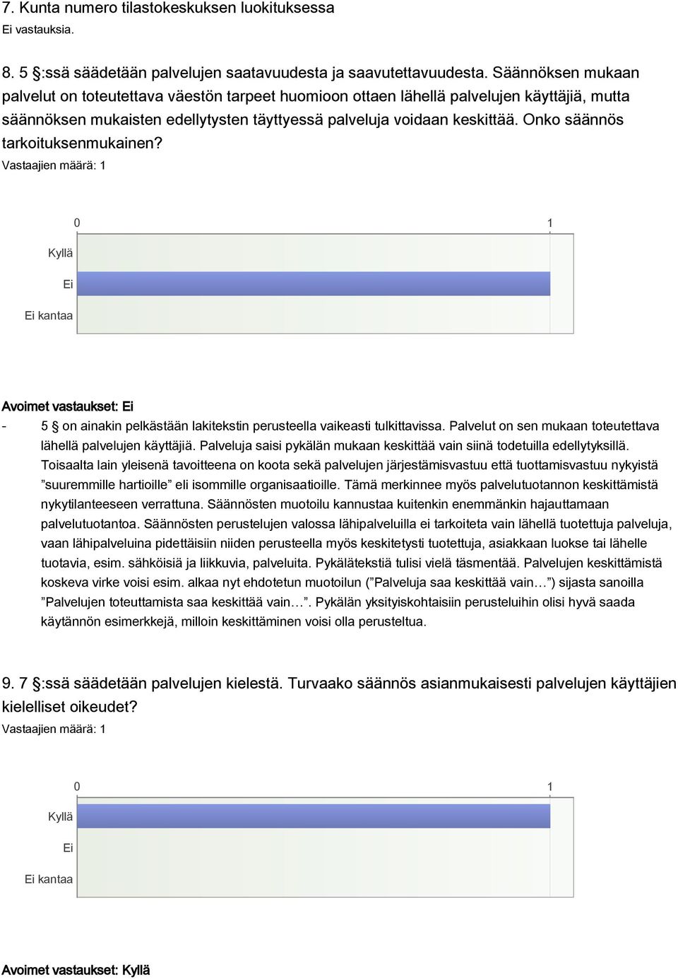 Onko säännös tarkoituksenmukainen? Avoimet vastaukset: - 5 on ainakin pelkästään lakitekstin perusteella vaikeasti tulkittavissa. Palvelut on sen mukaan toteutettava lähellä palvelujen käyttäjiä.