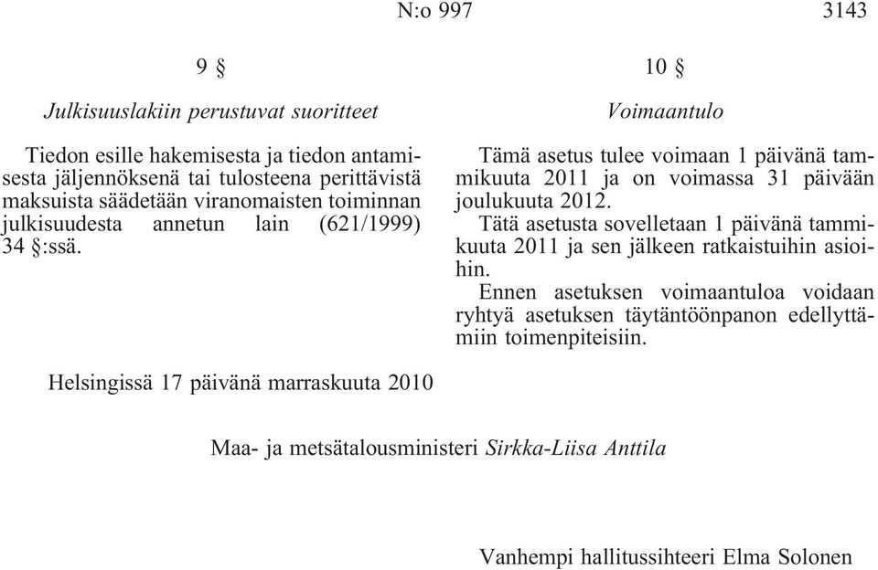 10 Voimaantulo Tämä asetus tulee voimaan 1 päivänä tammikuuta 2011 ja on voimassa 31 päivään joulukuuta 2012.