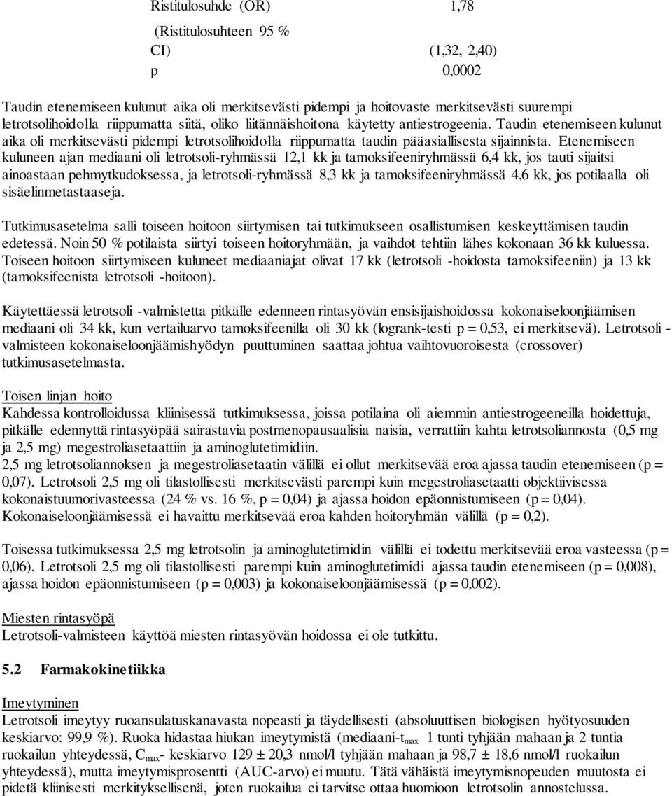 Etenemiseen kuluneen ajan mediaani oli letrotsoli-ryhmässä 12,1 kk ja tamoksifeeniryhmässä 6,4 kk, jos tauti sijaitsi ainoastaan pehmytkudoksessa, ja letrotsoli-ryhmässä 8,3 kk ja