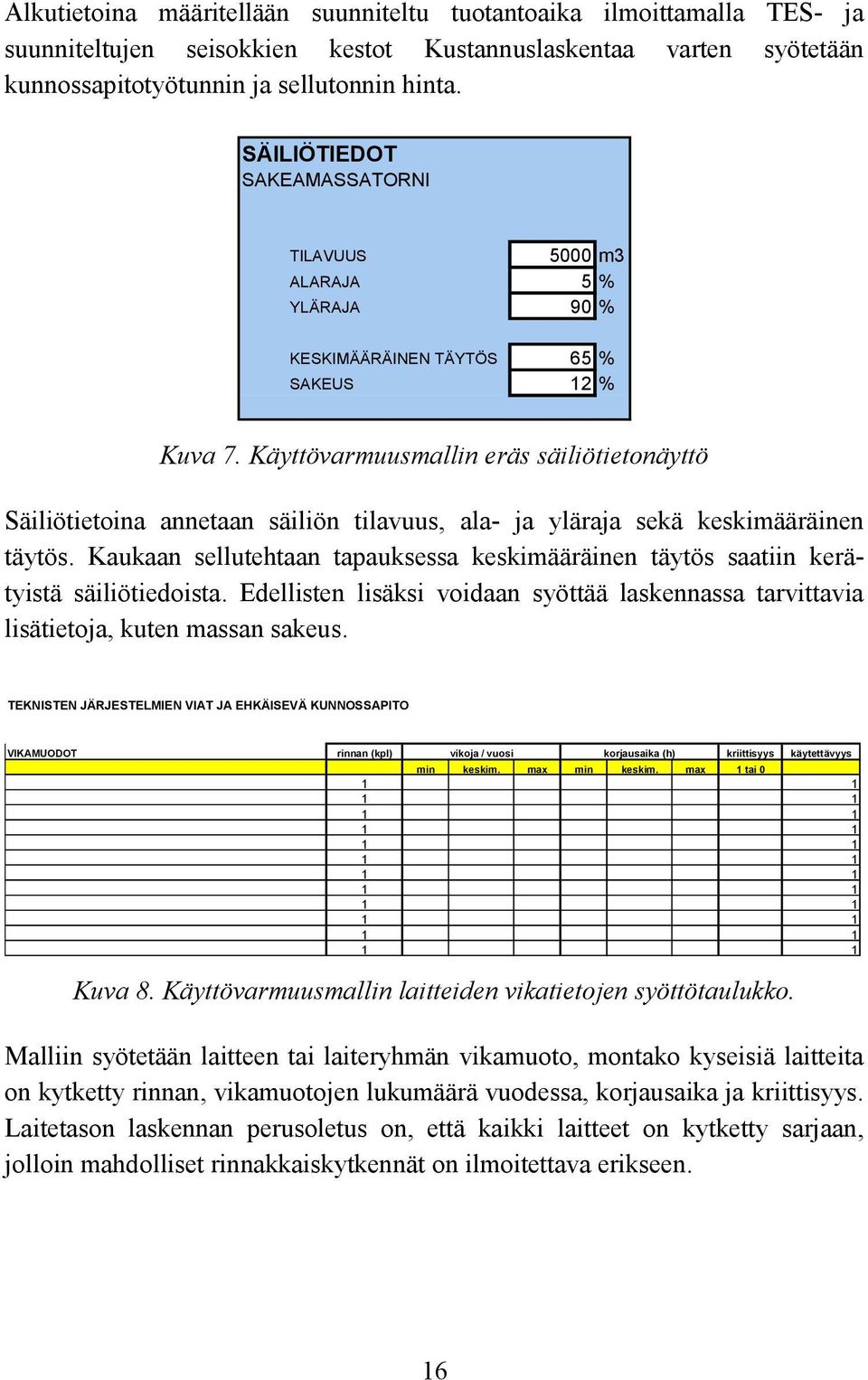 Käyttövarmuusmallin eräs säiliötietonäyttö Säiliötietoina annetaan säiliön tilavuus, ala- ja yläraja sekä keskimääräinen täytös.