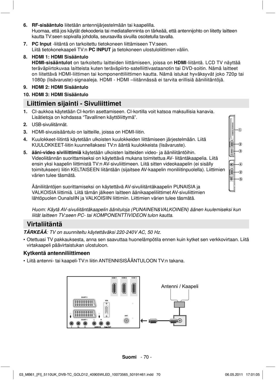 PC Input -liitäntä on tarkoitettu tietokoneen liittämiseen TV:seen. Liitä tietokonekaapeli TV:n PC INPUT ja tietokoneen ulostuloliittimen väliin. 8.