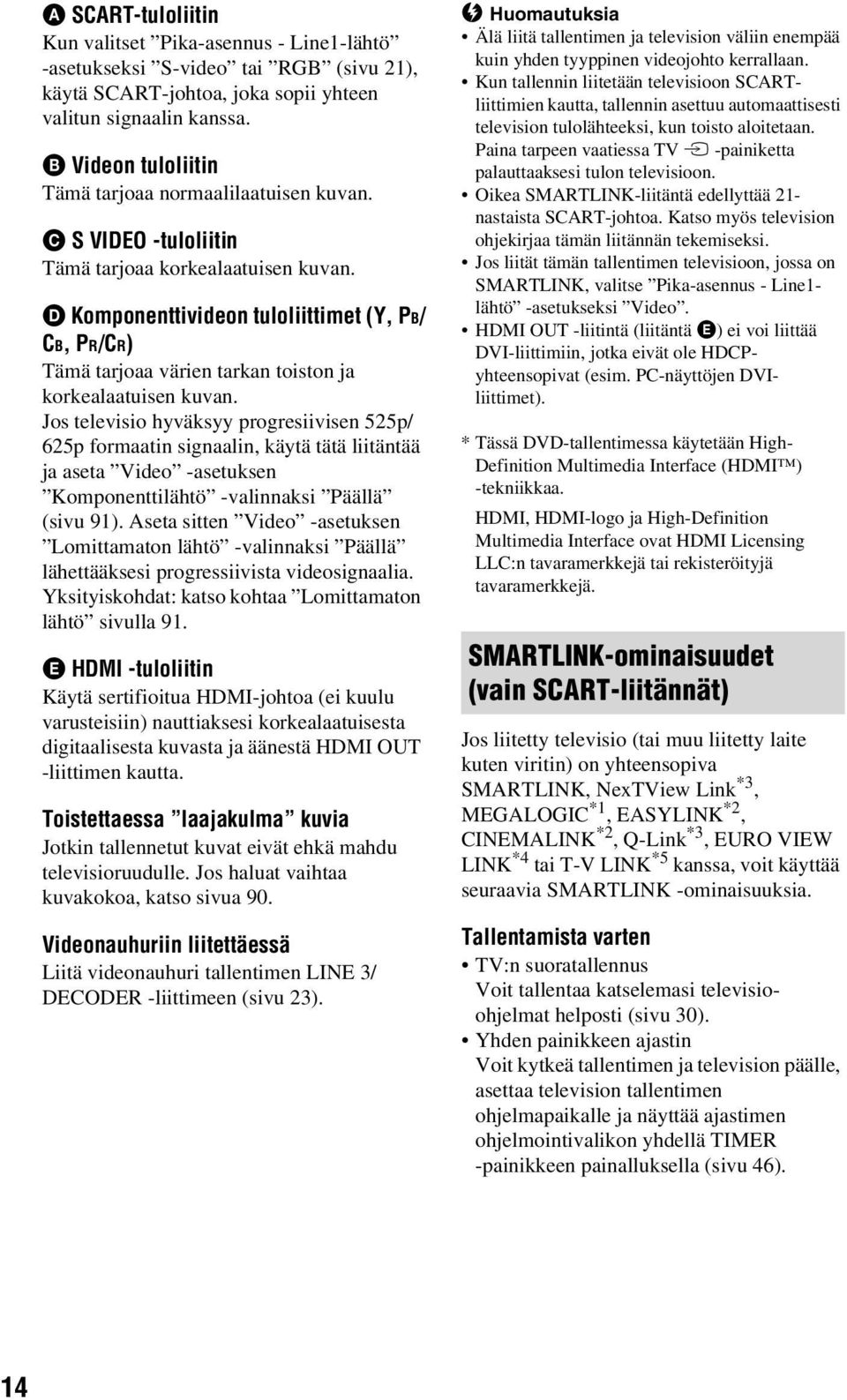 D Komponenttivideon tuloliittimet (Y, PB/ CB, PR/CR) Tämä tarjoaa värien tarkan toiston ja korkealaatuisen kuvan.