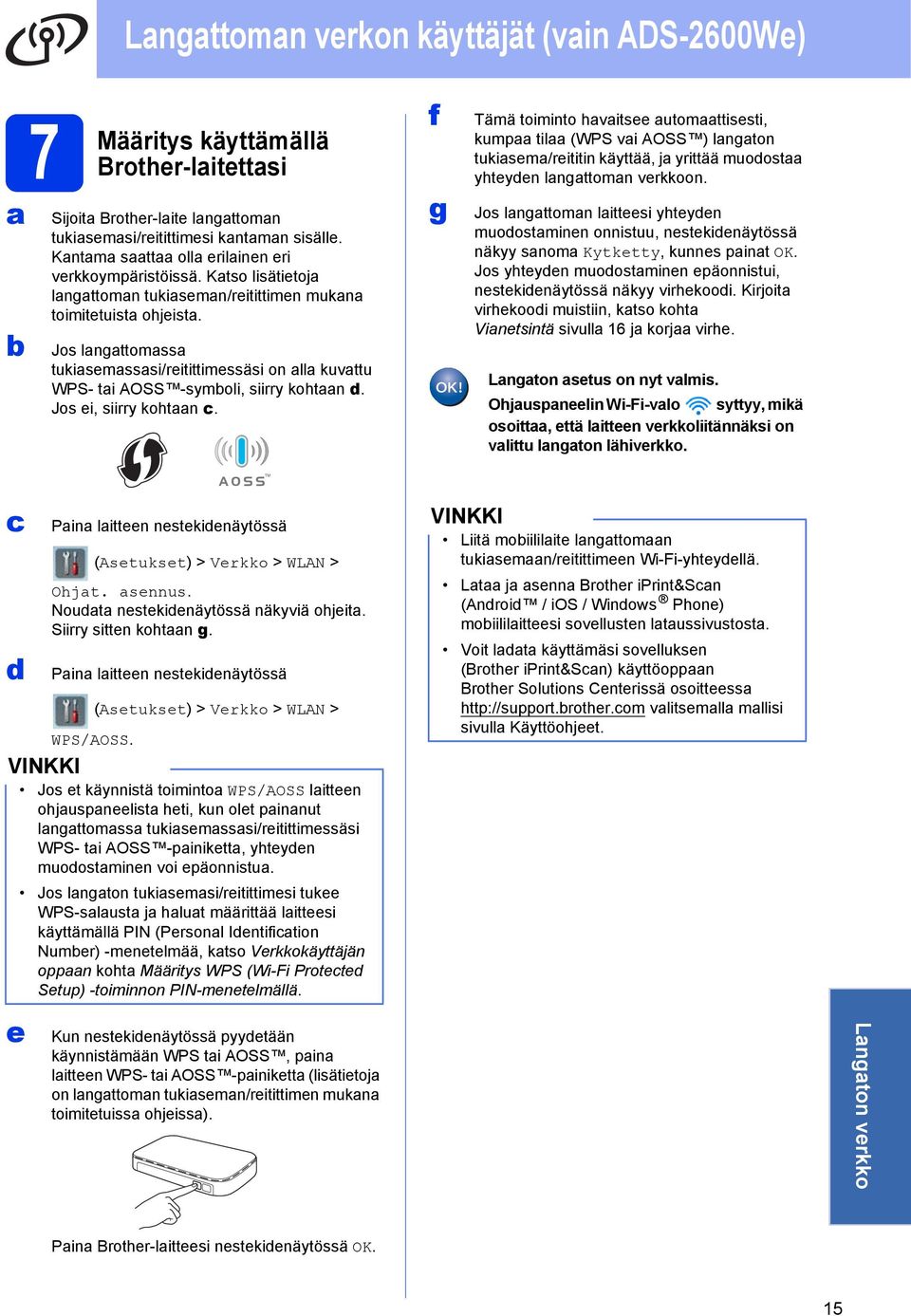 f g Tämä toiminto hvitsee utomttisesti, kump til (WPS vi AOSS ) lngton tukisem/reititin käyttää, j yrittää muodost yhteyden lngttomn verkkoon.