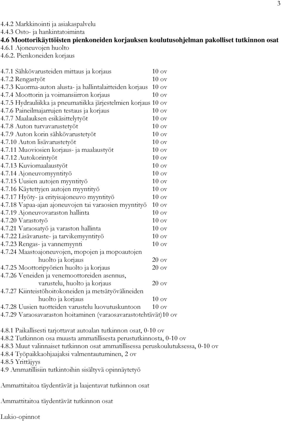 7.6 Paineilmajarrujen testaus ja korjaus 10 ov 4.7.7 Maalauksen esikäsittelytyöt 10 ov 4.7.8 Auton turvavarustetyöt 10 ov 4.7.9 Auton korin sähkövarustetyöt 10 ov 4.7.10 Auton lisävarustetyöt 10 ov 4.