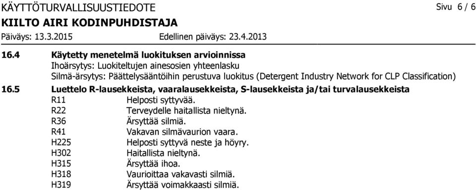 luokitus (Detergent Industry Network for CLP Classification) 16.