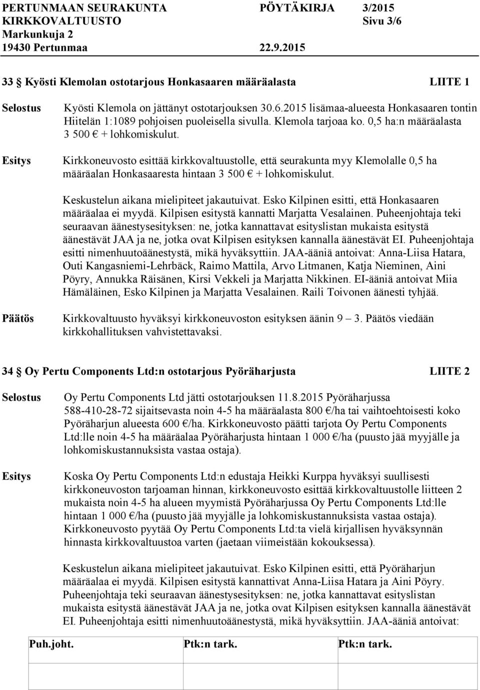 Keskustelun aikana mielipiteet jakautuivat. Esko Kilpinen esitti, että Honkasaaren määräalaa ei myydä. Kilpisen esitystä kannatti Marjatta Vesalainen.