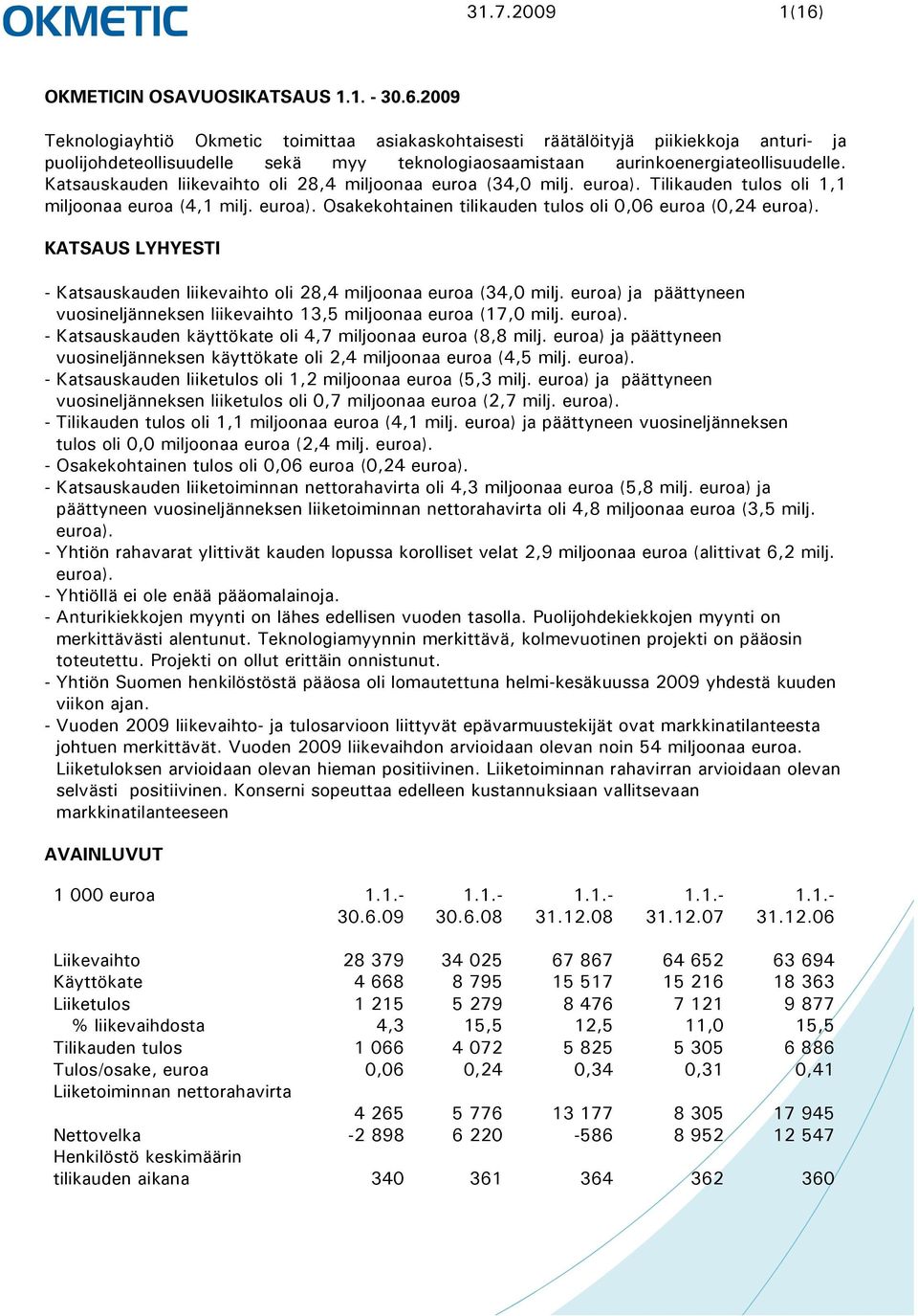 KATSAUS LYHYESTI - Katsauskauden liikevaihto oli 28,4 miljoonaa euroa (34,0 milj. euroa) ja päättyneen vuosineljänneksen liikevaihto 13,5 miljoonaa euroa (17,0 milj. euroa). - Katsauskauden käyttökate oli 4,7 miljoonaa euroa (8,8 milj.
