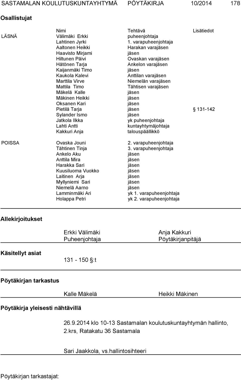 Marttila Virve Niemelän varajäsen Mattila Timo Tähtisen varajäsen Mäkelä Kalle jäsen Mäkinen Heikki jäsen Oksanen Kari jäsen Pietilä Tarja jäsen 131-142 Sylander Ismo jäsen Jatkola Ilkka yk