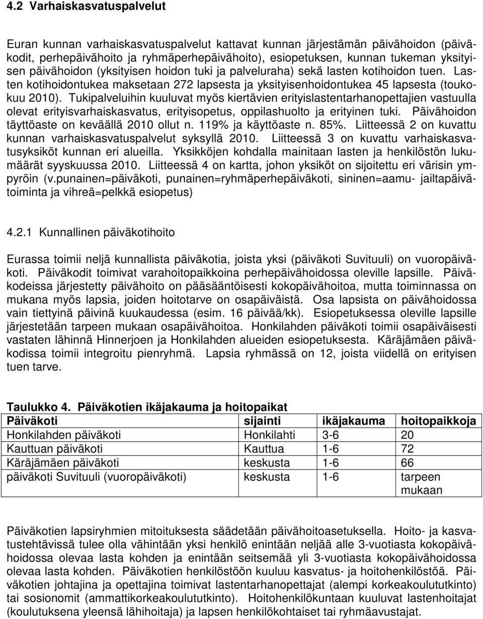 Tukipalveluihin kuuluvat myös kiertävien erityislastentarhanopettajien vastuulla olevat erityisvarhaiskasvatus, erityisopetus, oppilashuolto ja erityinen tuki.