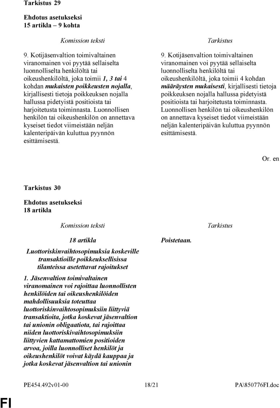 poikkeuksen nojalla hallussa pidetyistä positioista tai harjoitetusta toiminnasta.