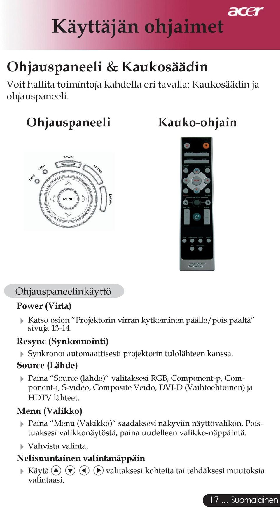 Resync (Synkronointi) Synkronoi automaattisesti projektorin tulolähteen kanssa.