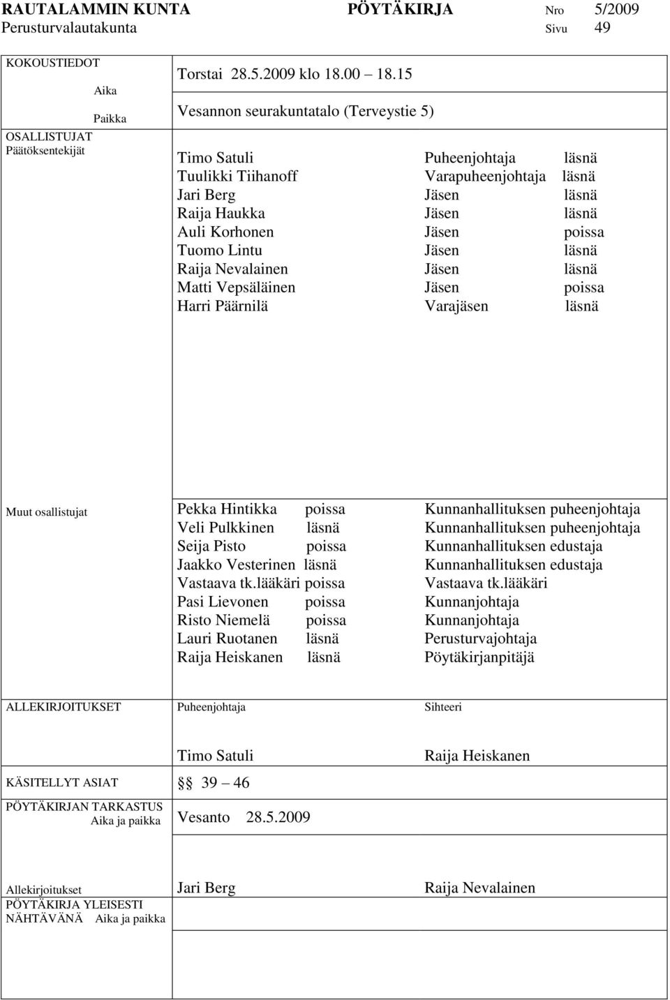 Varapuheenjohtaja läsnä läsnä läsnä poissa läsnä läsnä poissa Varajäsen läsnä Muut osallistujat Pekka Hintikka poissa Veli Pulkkinen läsnä Seija Pisto poissa Jaakko Vesterinen läsnä Vastaava tk.